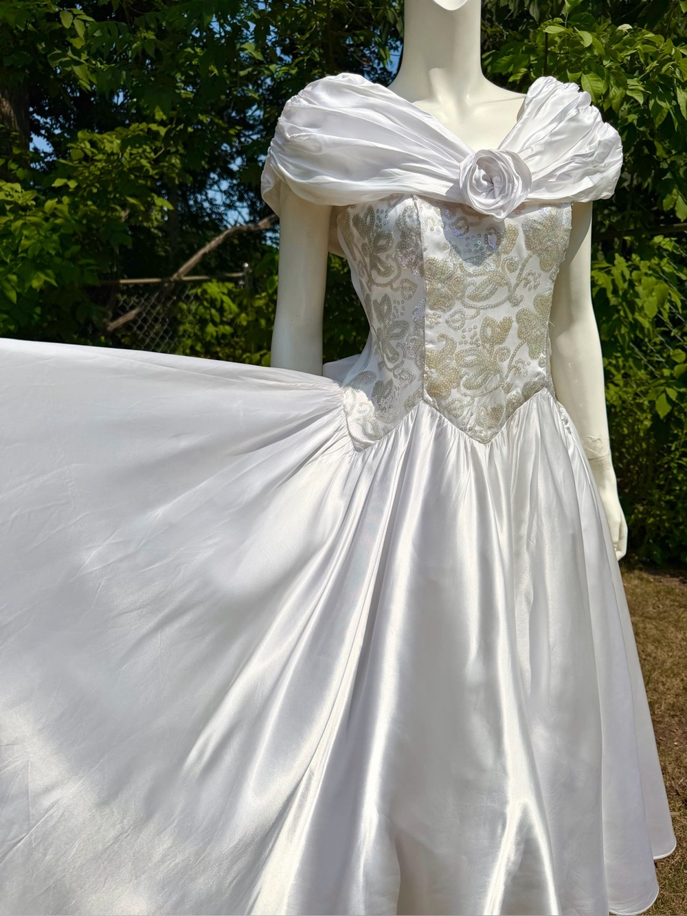 Vintage ZUM ZUM DRESS White Satin Sequins Sequined 1980s Crinoline Party S/M